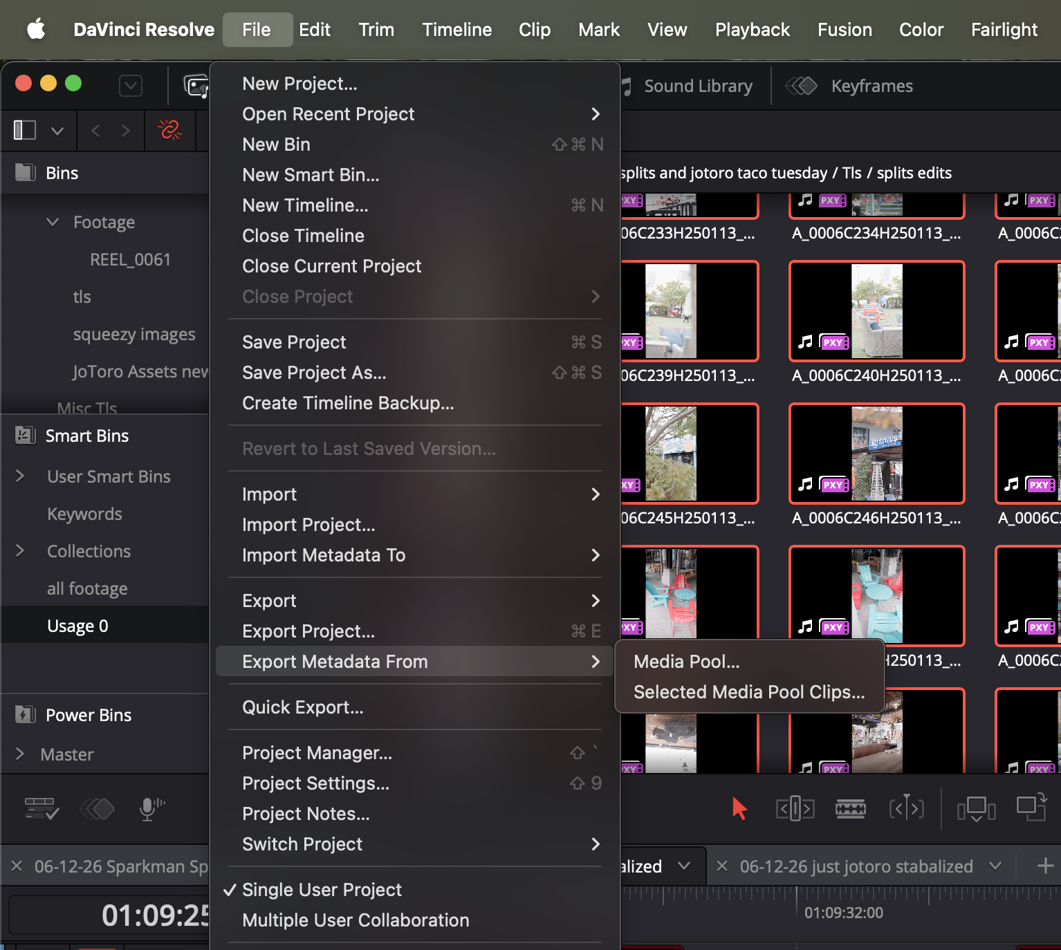 DaVinci Resolve File menu: Export Metadata From, with the Media Pool and Selected Media Pool Clips submenu options