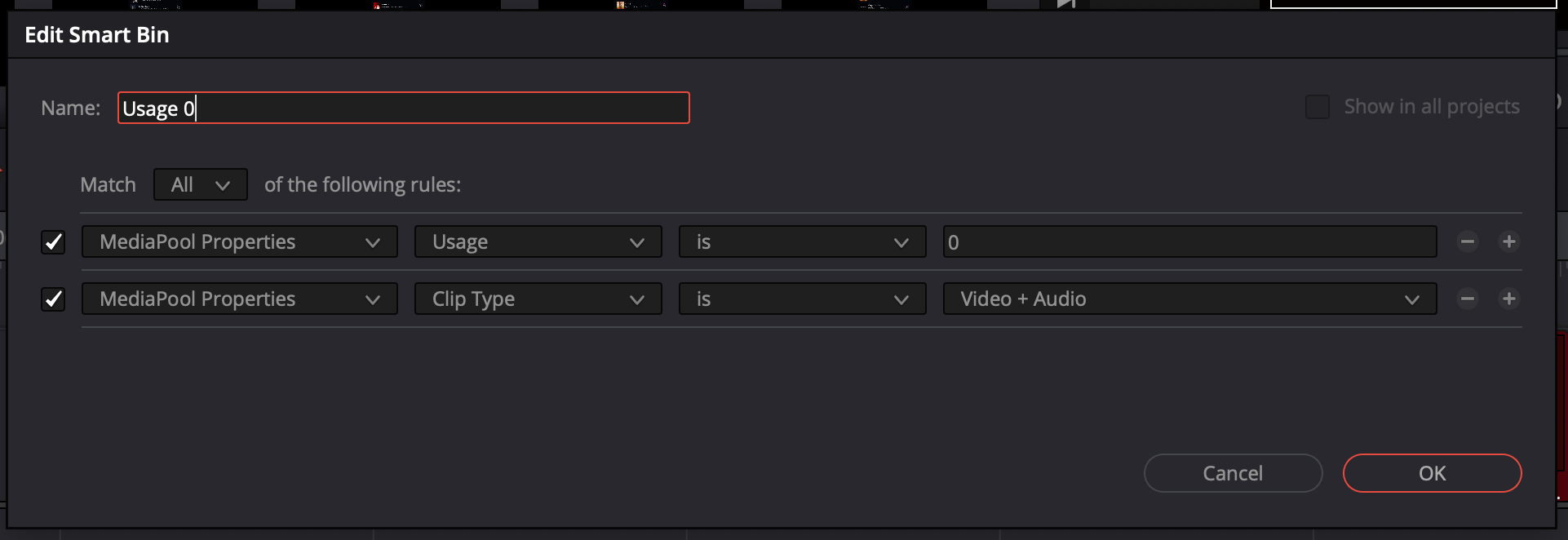 DaVinci Resolve Edit Smart Bin dialog: Match All, MediaPool Properties Usage is 0, and Clip Type is Video + Audio