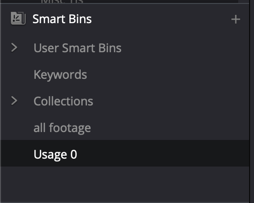 The new Usage 0 Smart Bin listed under Smart Bins in the DaVinci Resolve Media Pool sidebar