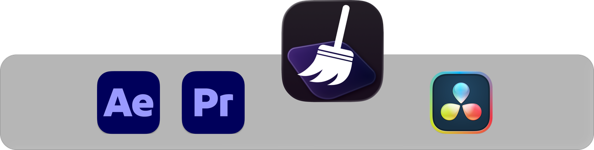 A macOS dock with After Effects, Premiere Pro, Clip Sweeper and DaVinci Resolve