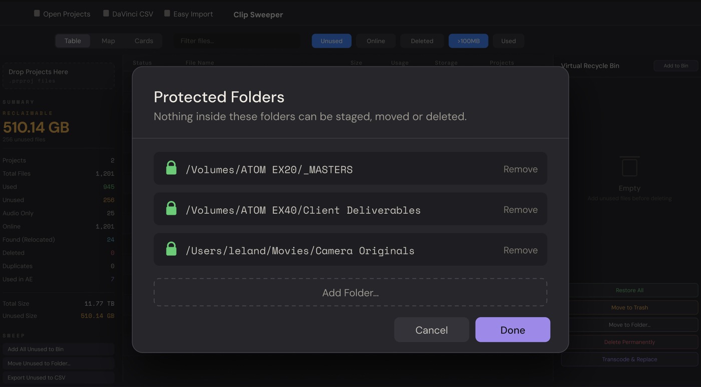 The Protected Folders sheet with three locked folders