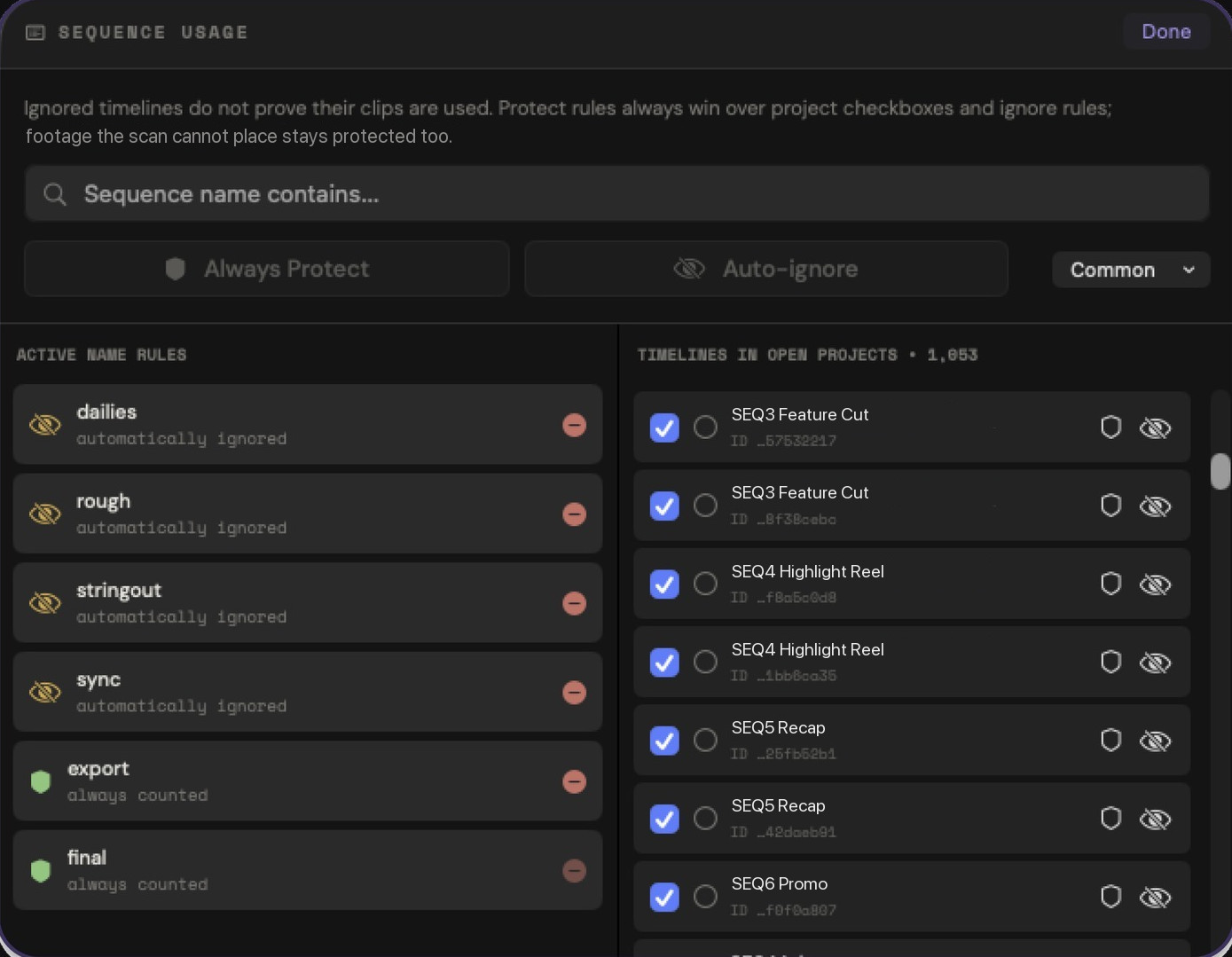 Sequence Usage: dailies, rough, stringout and sync ignored; export and final always counted